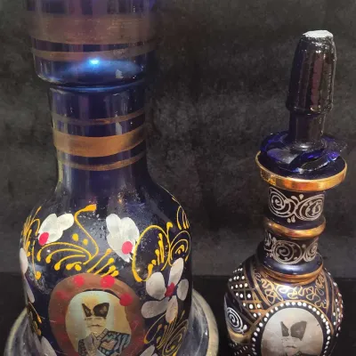 Antique Bohemian Cobalt Blue Persian Qajar Portrait Hookah Base & Gilded Decanter Set – 2 Pcs (As-Is