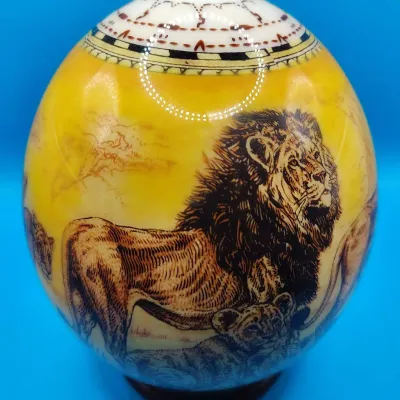 Signed Haus Design African Lion Decoupage Ostrich Egg Art Piece