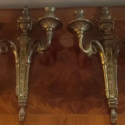Vintage Brass Neoclassical Double Wall Sconces, Pair