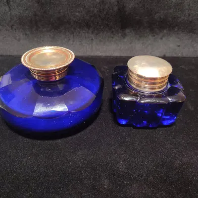 Vintage Cobalt Blue Glass Desk Inkwells with Silver-Tone Lids - Pair