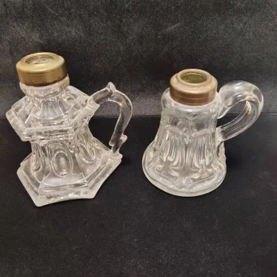 Pr. Antique Boston & Sandwich Glass Whale Oil Finger Lamps w/ Applied Handles c.1850