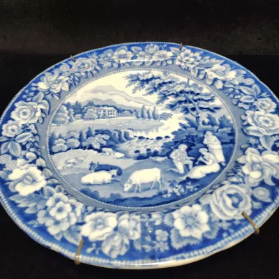 Antique 19th C. John & Richard Riley "Semi China" Blue & White Transferware Pastoral Plate - c. 1820
