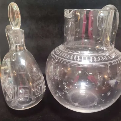Antique Blown & Etched Crystal Cruet Decanter & Pitcher Set - Roman Key & Star Pattern
