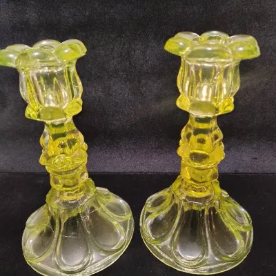 Pair of Antique Boston & Sandwich Canary Yellow Vaseline Glass Candlesticks – Petal and Loop Pattern