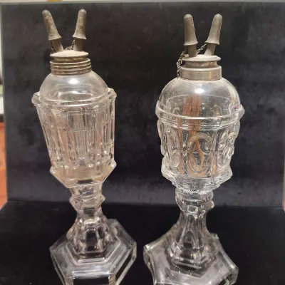 Pair Antique Boston & Sandwich Pressed Flint Glass Whale Oil Lamps, Gothic Arch & Star Punty