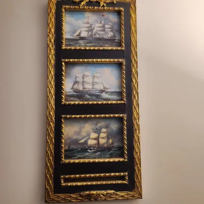 Antique William Webb 1875 Victorian Maritime Oil Triptych Painting In Gilt Ribbon Frame
