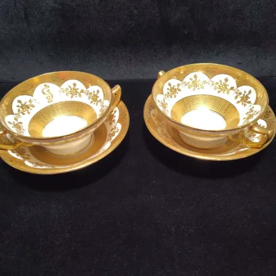 Antique Mintons for Tiffany & Co. Gilt 22K Teacup & Saucer Sets - Pattern H1649 - Set of 2