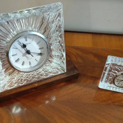 Lot of (2) Vintage Waterford Crystal Quartz Desk Clocks - Includes Wood Base