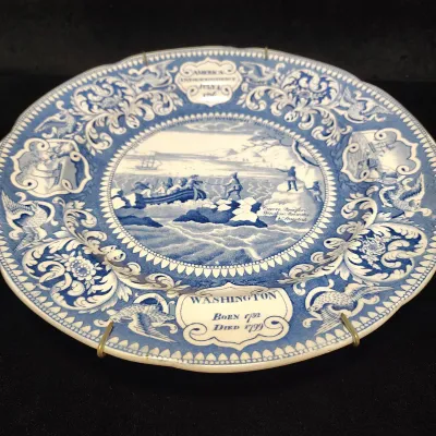 Antique Enoch Wood & Sons Historical Staffordshire Blue Transferware Plate - "Landing of the Pilgrim