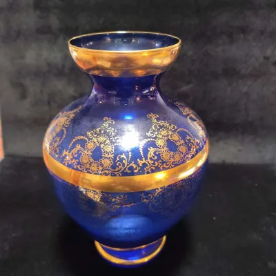 Vintage Vecchia Murano Cobalt Blue Glass Vase – 24K Gold Gilt & Rococo Filigree