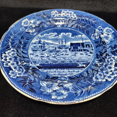 Antique Clews Historical Staffordshire Blue Transferware Plate - "Landing of Gen. Lafayette" c. 1820