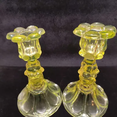 Pair Glowing Antique Canary Yellow Uranium Glass Petal & Loop Candlesticks - Sandwich Glass