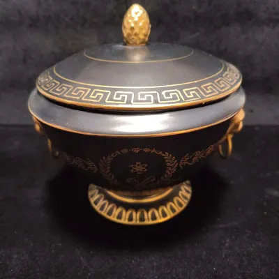 Vintage Lenwile Ardalt Black & Gold Neoclassical Ceramic Lidded Vanity Jar - Model #7208