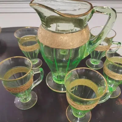 Antique 7-Pc Cambridge Uranium Glass Lemonade Set - Gold Encrusted Etches, Signed