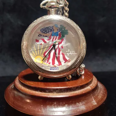 .999 Fine Silver, 1 Troy Oz, American Eagle Colorized Coin Pocket Watch with Chain