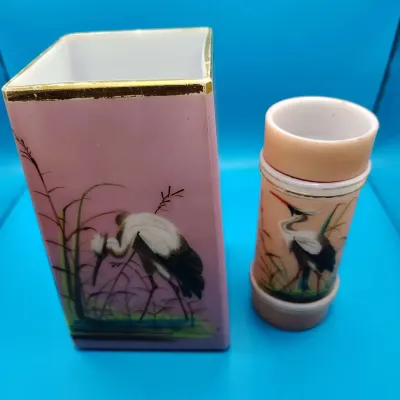 Antique Mt. Washington & Smith Brothers Hand-Painted Crane Opaline Glass Vases - 2 Pcs