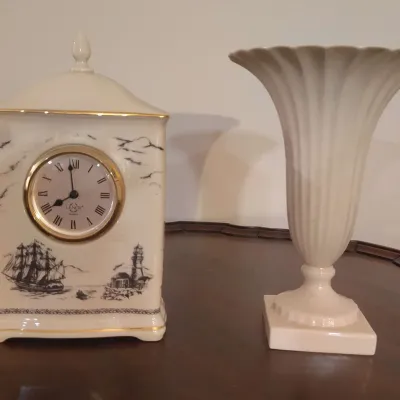 Vintage Lenox Porcelain Lot - Scrimshaw Maritime Mantel Clock & Regal Collection Fluted Vase