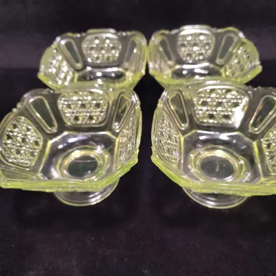 Four Antique Richards & Hartley "Mikado" Vaseline Glass Footed Berry Bowls - c. 1885