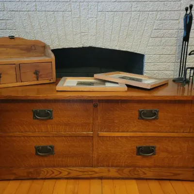 Sale Photo Thumbnail #13: Lane trunk, vintage wall shelf, metal art figurines 