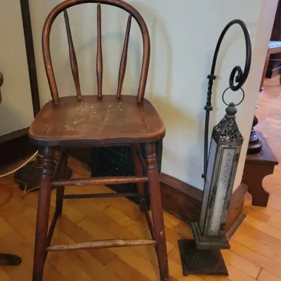 Sale Photo Thumbnail #15: Small wood accent chair and a hanging decorative lantern
