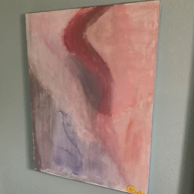 Sale Photo Thumbnail #90: Vertical abstract canvas painting featuring soft pink, red, and purple tones, signed in yellow in the bottom right corner.