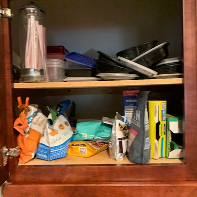 Sale Photo Thumbnail #24: Open kitchen cabinet filled with reusable food storage containers, a vintage straw dispenser, and assorted snack foods.