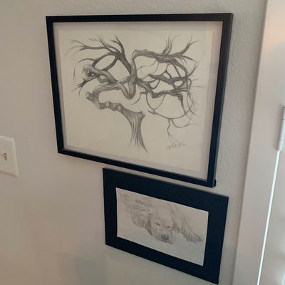 Sale Photo Thumbnail #8: Pair of framed original pencil drawings depicting a gnarled tree and a sleeping dog, both presented in simple black frames.