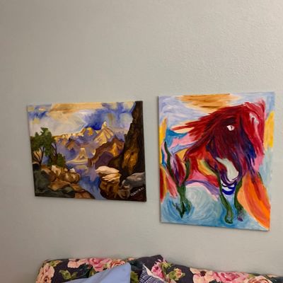 Sale Photo Thumbnail #125: Pair of unframed contemporary acrylic paintings on canvas, including a mountain landscape and a vibrant abstract piece.