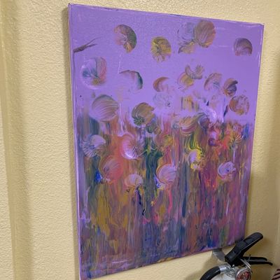 Sale Photo Thumbnail #27: Contemporary unframed abstract acrylic painting on stretched canvas featuring floral-like swirls against a light purple background.