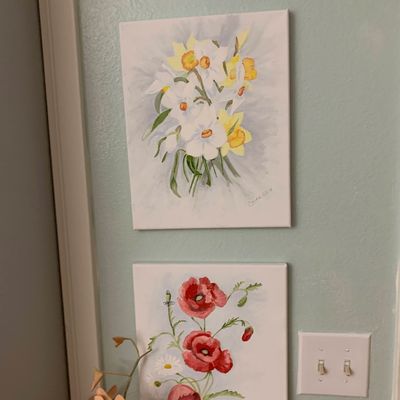Sale Photo Thumbnail #110: Pair of signed contemporary unframed floral paintings on canvas featuring daffodils and red poppies.