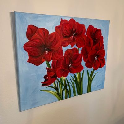 Sale Photo Thumbnail #10: Original acrylic painting on stretched canvas depicting vibrant red amaryllis blossoms against a light blue background, signed by the artist in the lower right corner.