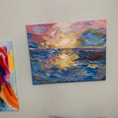 Sale Photo Thumbnail #124: Impressionistic sunset seascape acrylic painting on unframed stretched canvas, signed in lower right.