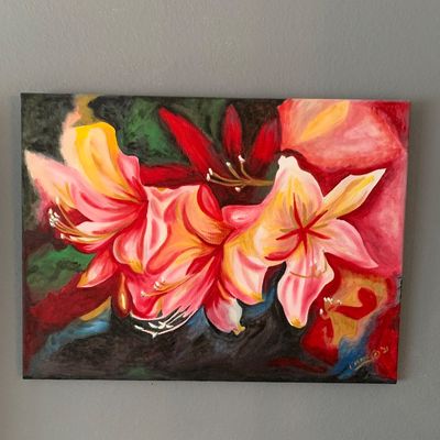 Sale Photo Thumbnail #4: Original stretched canvas painting depicting vibrant pink and yellow flowers on a dark background, signed by the artist in the bottom right corner.
