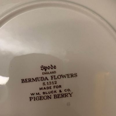Sale Photo Thumbnail #114: Maker's mark on the underside of a Spode ceramic plate, featuring the 'Bermuda Flowers' series S.1312 Pigeon Berry pattern made for Wm. Bluck & Co.