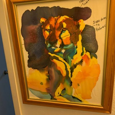 Sale Photo Thumbnail #93: Framed colorful watercolor study of a cheetah with artist's annotations, housed in a pine wood frame.