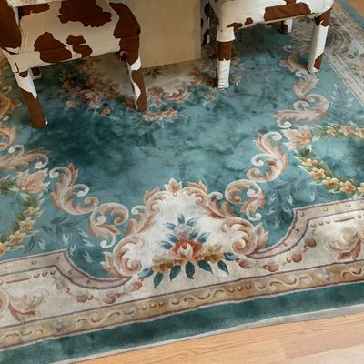 Sale Photo Thumbnail #15: Large teal and cream Chinese Aubusson-style wool area rug featuring a central floral medallion motif and ornate scrollwork border.