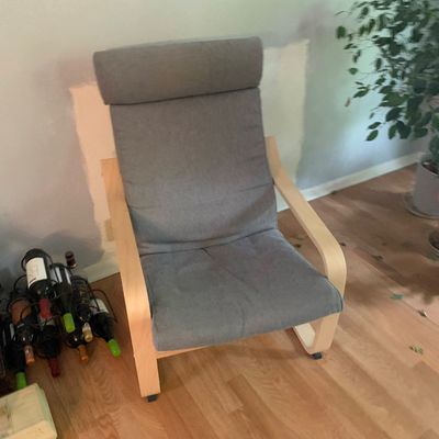 Sale Photo Thumbnail #59: IKEA Poäng style armchair featuring a bentwood birch frame and gray fabric upholstery.