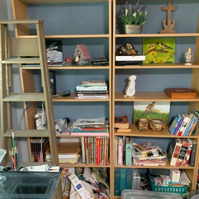 Sale Photo Thumbnail #66: Pair of tall light oak bookcases filled with books, decor items, and art supplies, alongside a wooden stepladder.