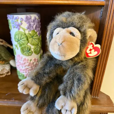 Ty Beanie Buddy monkey plush with original heart tag attached, sitting on a wooden display shelf alongside decorative ceramics.