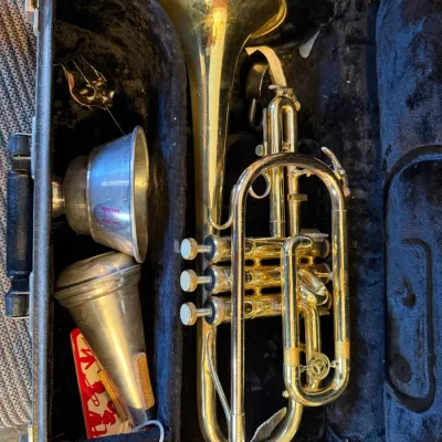 Sale Photo Thumbnail #6: Vintage brass cornet nestled inside a plush velvet-lined hard case, complete with two mutes and a music lyre attachment.