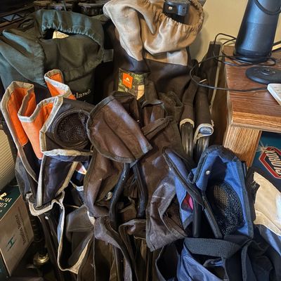 Sale Photo Thumbnail #69: Collection of assorted folding camp chairs and outdoor gear in carrying bags.