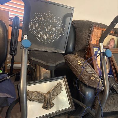 Sale Photo Thumbnail #30: A Teeter elliptical exercise machine displaying a rhinestoned Harley-Davidson framed art sign and a framed 3D eagle wall relief.