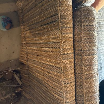 Sale Photo Thumbnail #116: Vintage 1970s sofa featuring textured earth-tone woven upholstery with striped detailing.