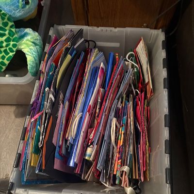 Sale Photo Thumbnail #55: Large clear plastic storage bin filled with an assortment of colorful paper gift bags in various sizes.
