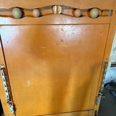 Sale Photo Thumbnail #108: Vintage light maple crib headboard and footboard piece, featuring decorative wooden spheres along the top crest and attached side rail hardware.