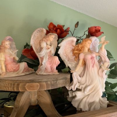Sale Photo Thumbnail #50: Trio of Seraphim Classics resin angel figurines in pastel pink and white gowns.