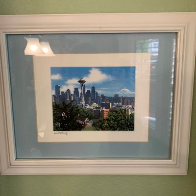 Sale Photo Thumbnail #61: Framed and matted art print featuring a view of the Seattle skyline with the Space Needle and Mount Rainier.