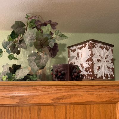Sale Photo Thumbnail #74: Decorative home accents including faux ivy, a grape-motif candle holder, and a distressed metal box atop a wooden cabinet.