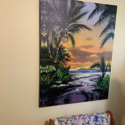 Sale Photo Thumbnail #103: Large unframed canvas wall art depicting a tropical sunset beach scene with palm trees and lush foliage.