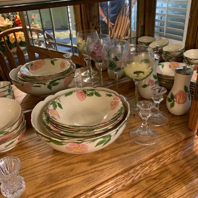Sale Photo Thumbnail #52: Collection of Franciscans Desert Rose pattern china including bowls, condiment shakers, and coordinating hand-painted stemware.